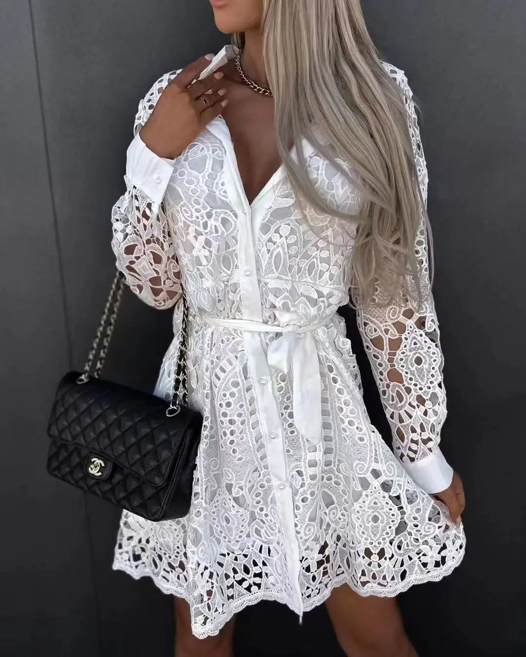 Chic Lace Cutout Long Sleeve Shirt Dress for Women