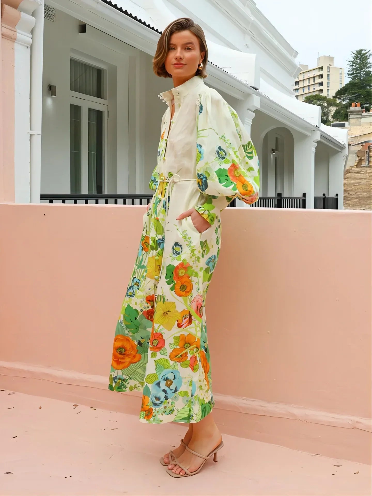 Waist-Cinching Long Lantern Sleeve Printed Dress with Belt Single Button Closure Independent Station Cross-Border Hot Sale Of Th