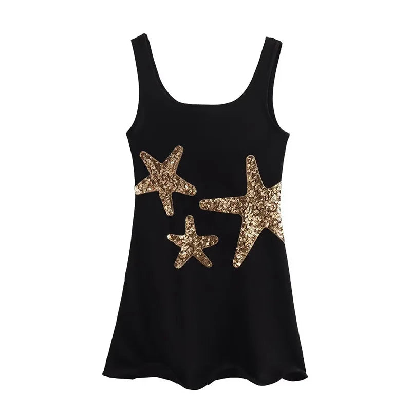 Sea Star Embroidered Knitted Women's Mini Dress Casual O Neck Sleeveless Holiday Dress 2025 Summer Vacation Sexy Slim Robe Dress