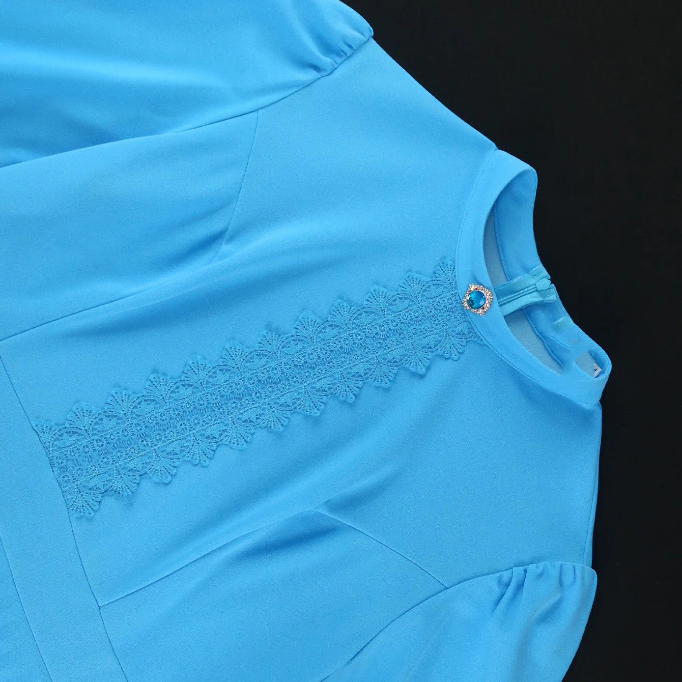 Luxury Blue Dresses for Woman Pleated Flare Sleeve Lace Patchwork Ankle Length Elegant High Quality Female Birthday Party Dress