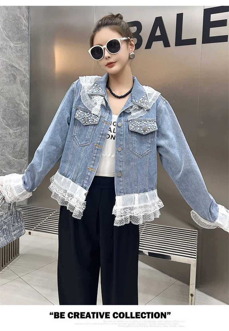 2025 Spring Autumn Women's Nail Bead Short Denim Jacket Female New Korean Version Design Sense Fashionable Lace Edge Jacket Top