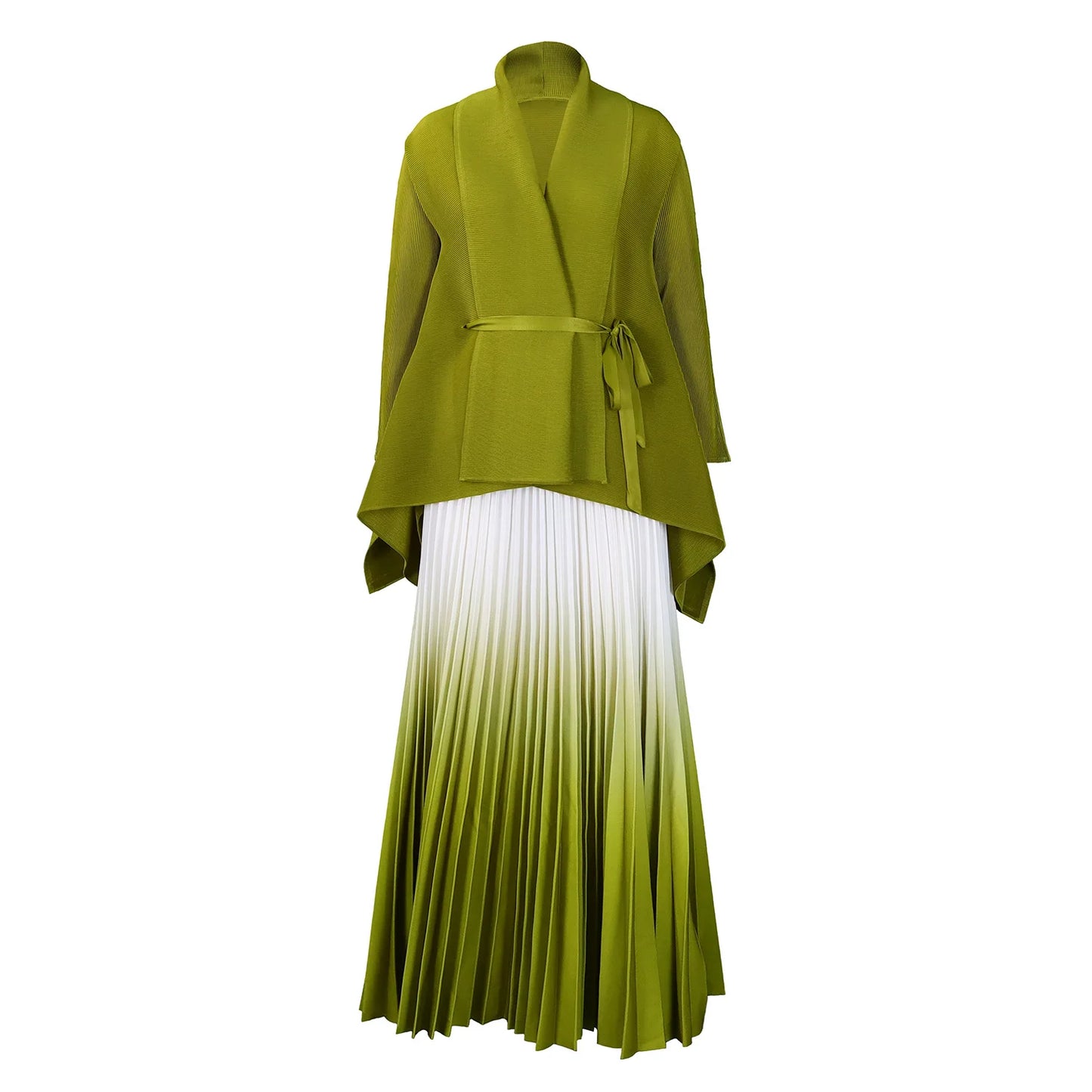 CM.YAYA Gradient Women's Set Full Sleeve Belt Blouse Shirt +Pleated Long Skirts Suit Street Two 2 Piece Set Outfit Tracksuit