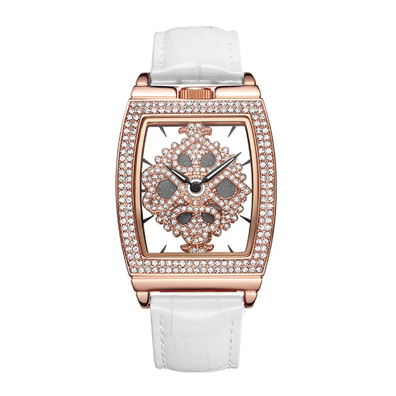 Luxury Davena Spin Snow Flower Women's Watch Japan Mov't Crystal Lady Hours Fine Fashion Real Leather Bracelet Girl's Gift Box