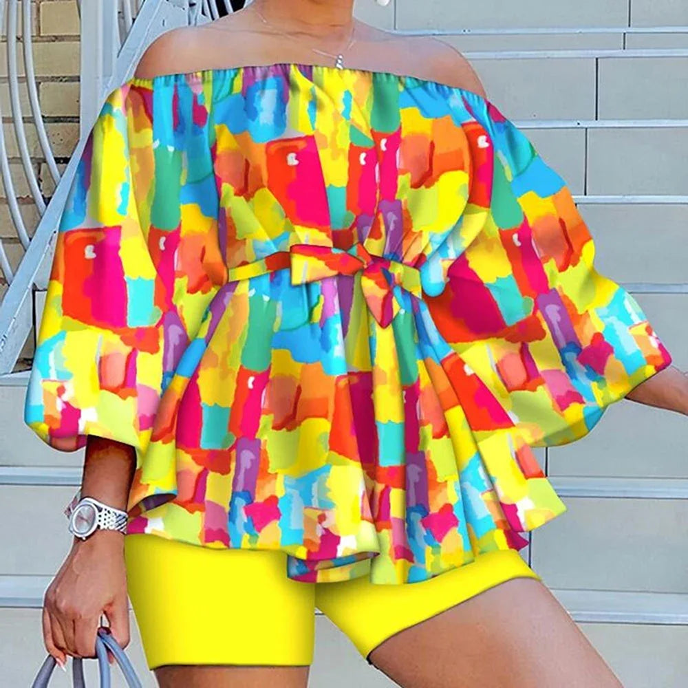 Plus Size Summer Vacation Tropical Print Off Shoulder Tops Belted Two Piece Short Set for Women