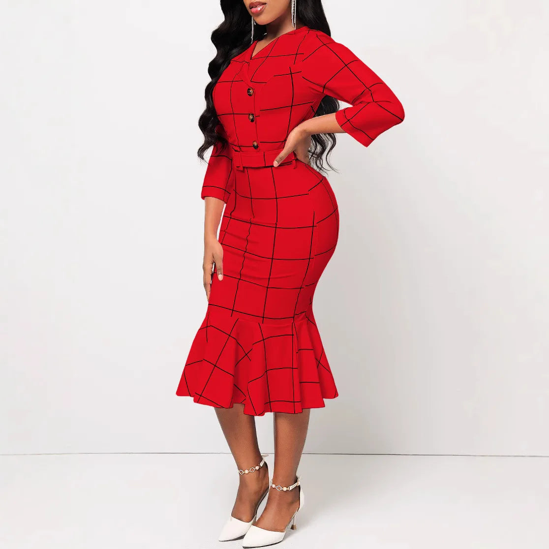 Sexy fashion solid color seven-quarter sleeve small V-neck women's dress SMR12189