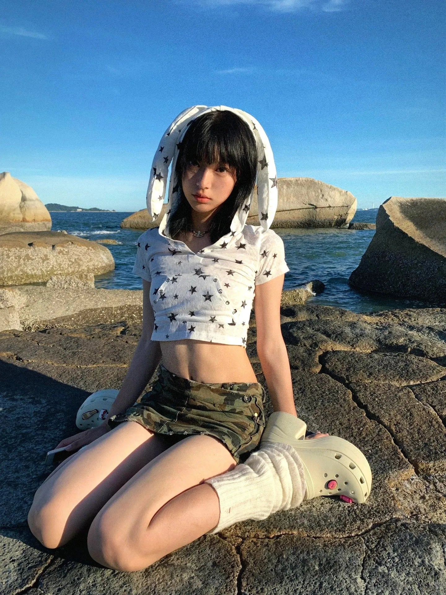 Karrram Japanese Y2k Hooded T-shirt Vintage 2000s Style Rabbit Ears Tops Harajuku Star Print Short Sleeve T Shirt Korean Popular