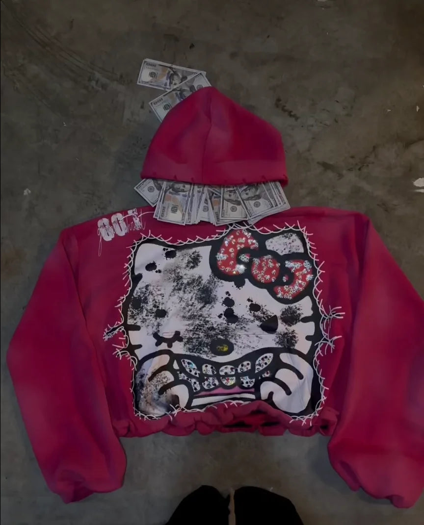 Retro Street Erchuang Art High-profile Anime Character Print Drawstring Hem Vintage Hoodie Men Shopping Fashion Couple Clothing