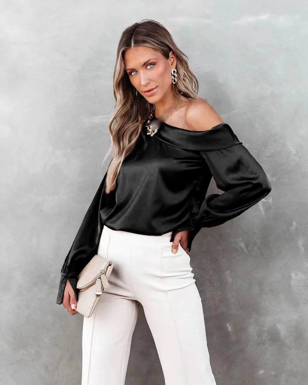 Women Fashion Sexy Slash Neck Satin Blouse Solid Color Long Sleeve Off Shoulder Office Shirt Lady Casual Loose Blouse Tops