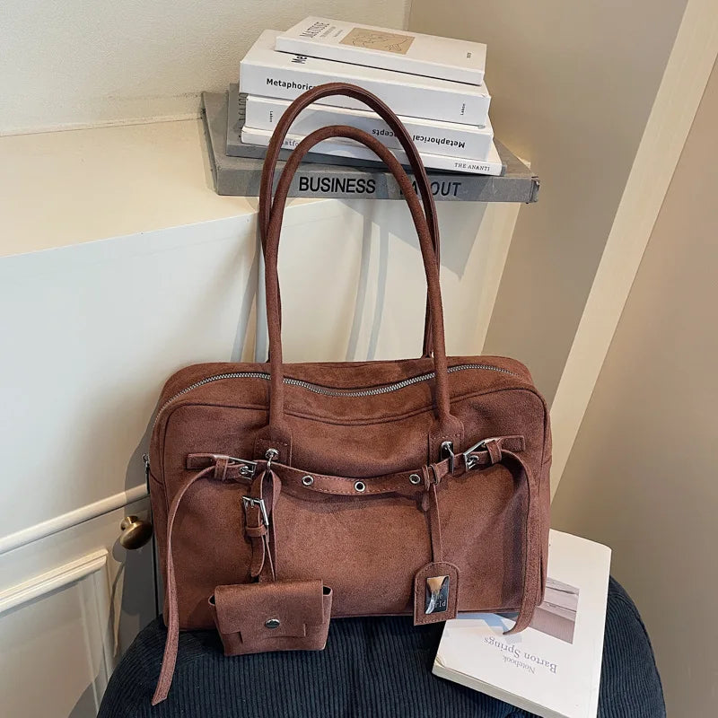 Retro Suede Square Handbag Fashion Versatile High-quality Texture Underarm Bag Exquisite Hardware Design Work Commute Tote Bag