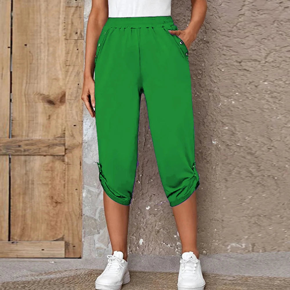 Women Elastic Waist Pants Summer Solid Color Casual Trousers Bottom Elegant Fashion Office Lady Loose Cropped Pants S-3XL