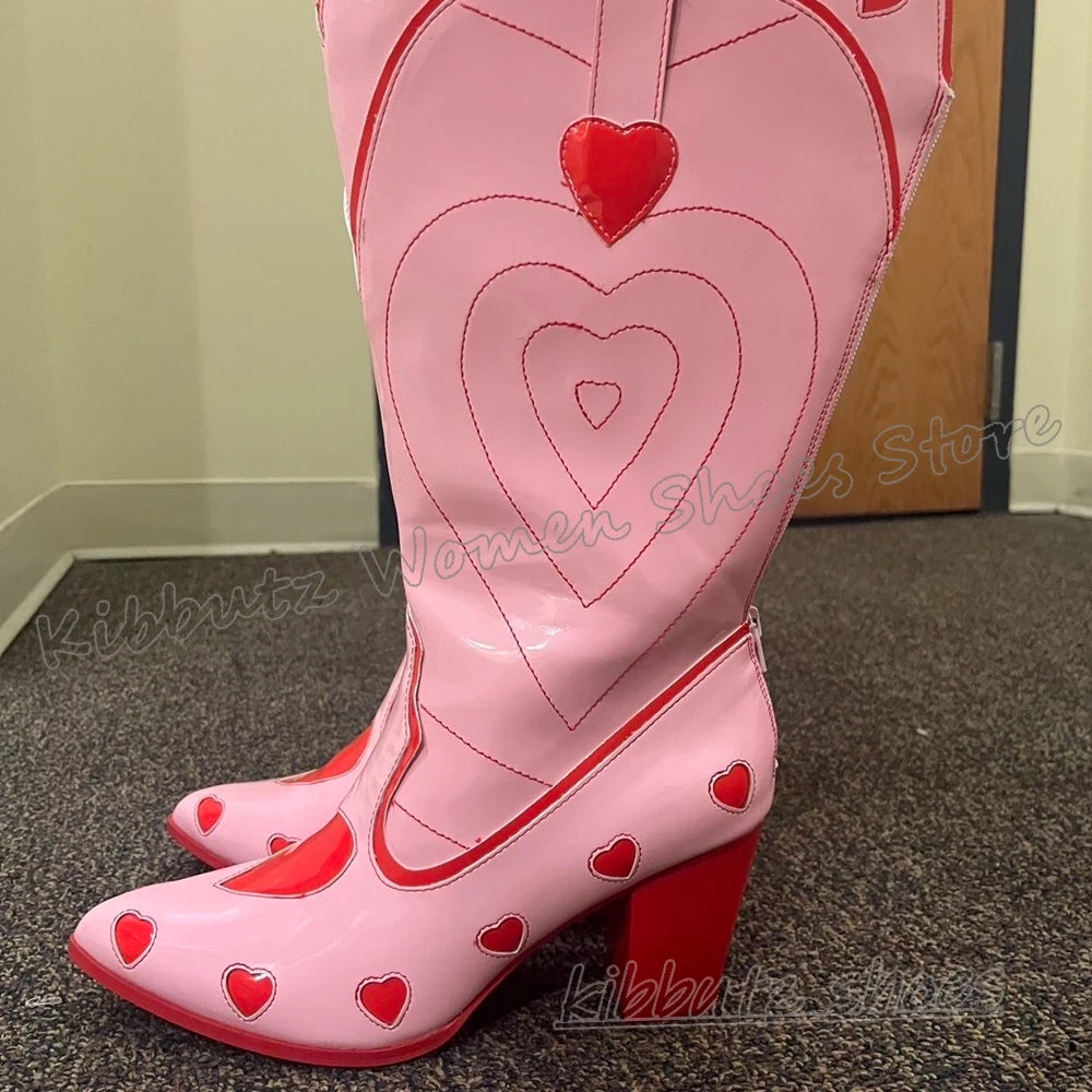 Hearts Cowboy Knee High Boots Slip-On Fashion Novelty Sexy Elegant Concise Novelty Leather Women Shoes Pointy Chunky Heels New