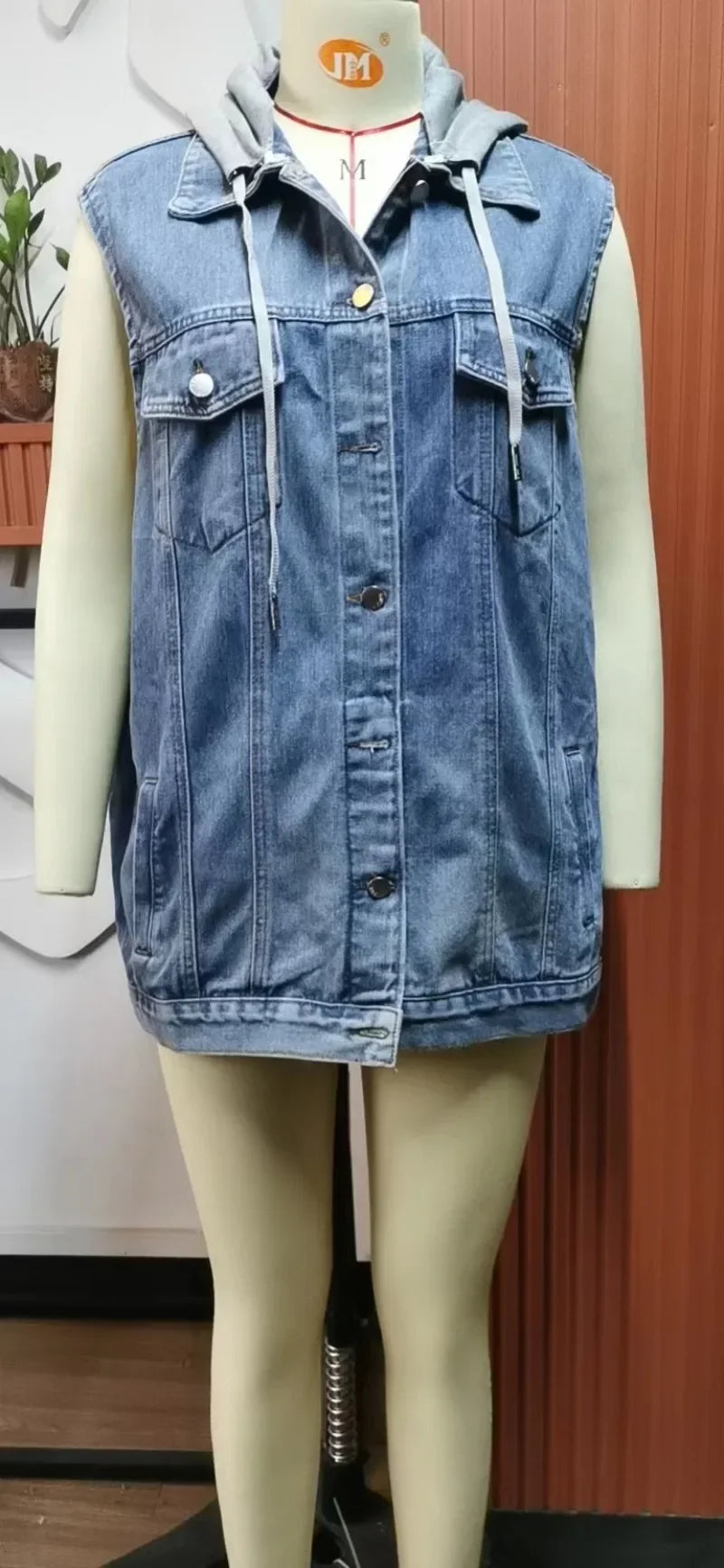 Women Autumn Winter Sleeveless Hooded Denim Jacket Vest Single Breasted Ripped Pockets Fashion Loose Cardigan Jackets
