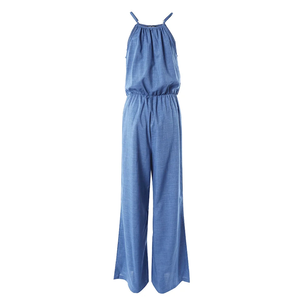 Women Solid Color Round Neck Wide Leg Straight Overalls Summer Spaghetti Strap Drawstring Waist Casual Black Jumpsuits