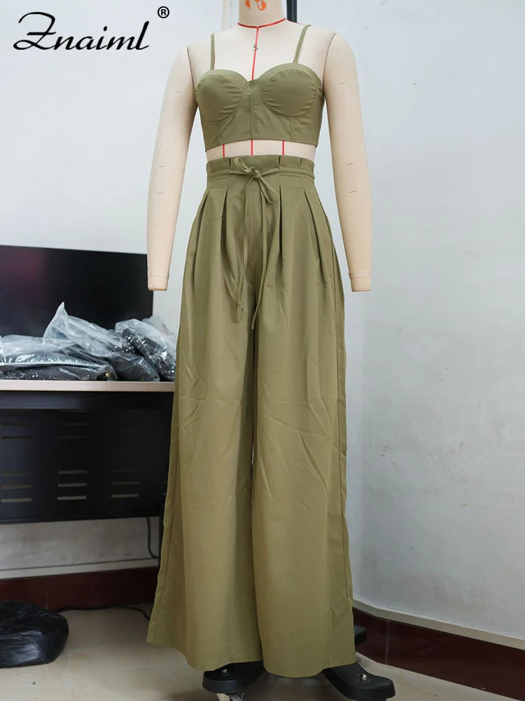 Znaiml Fashion Two 2 Piece Pants Sets Women Clothing Strap Sleeveless Top and Wide-leg Pants Elegant Streetwear Matching Suit