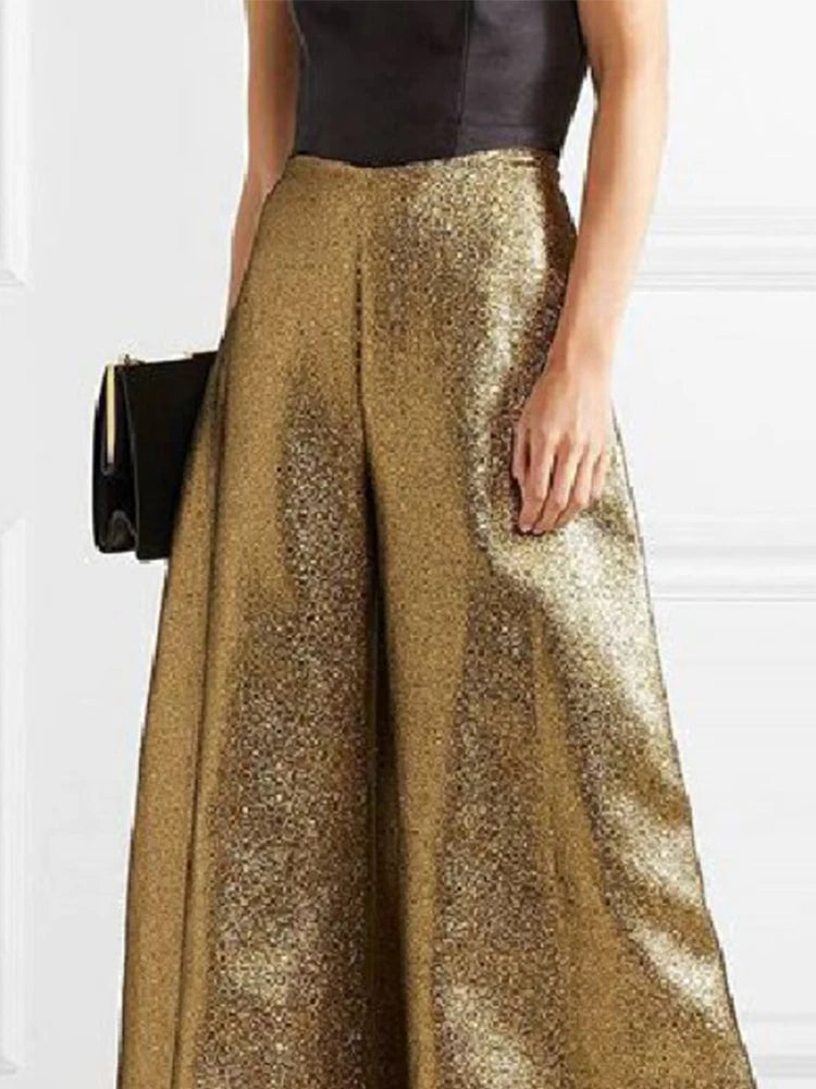 Women's Stylish Party Wear Pants Solid Gold High Waist A-line Wide Leg Pants Zippered Full-length Trousers Casual Pants