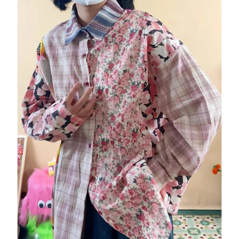 Japanese retro stitching printed long-sleeved shirt female autumn fashion design sense niche loose slim Joker temperament shirt