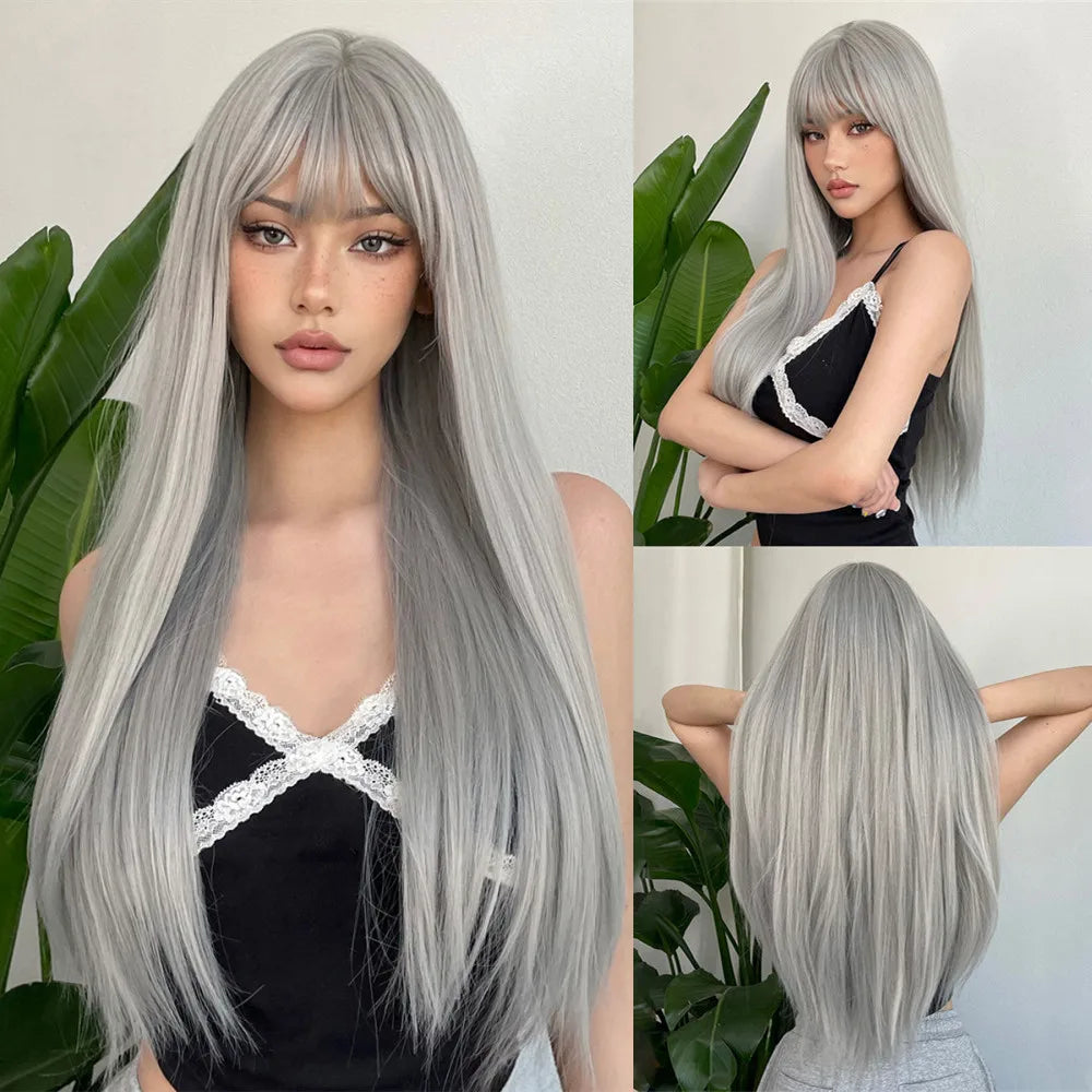 Long Straight Synthetic Wig With Bangs and Red Highlights for Women