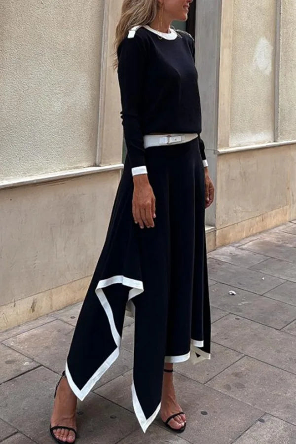 Women Casual Long Sleeve 2Pc Set Fashion Color Blocked Loose 2Pc Outfits Elegant O-neck Pullover Top & lrregular Long Skirt Suit