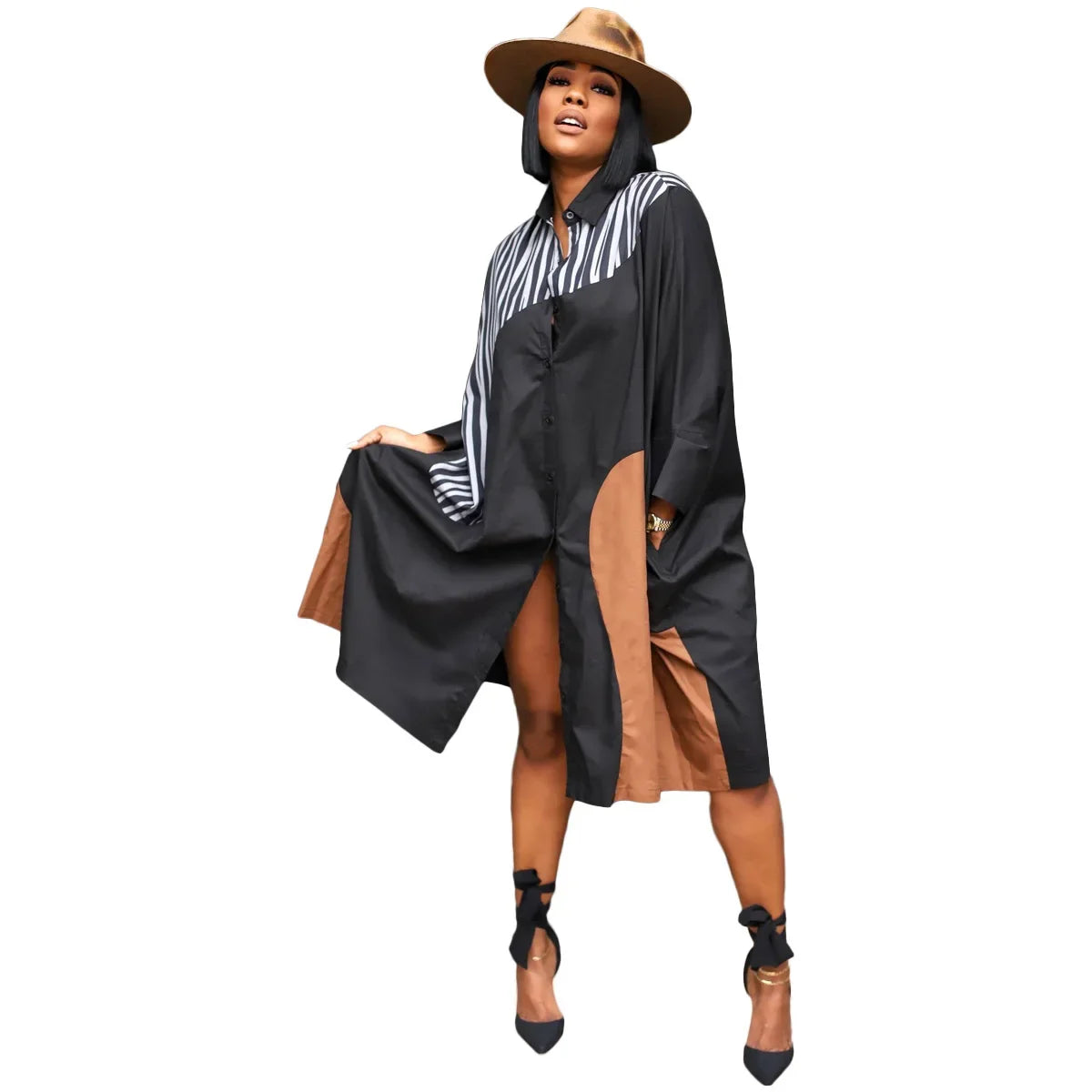 CM.YAYA Elegant Patchwork Women Long Sleeve Single Breasted Loose Shirt Dress Street Fashion Slim Striped Smock INS Dresses