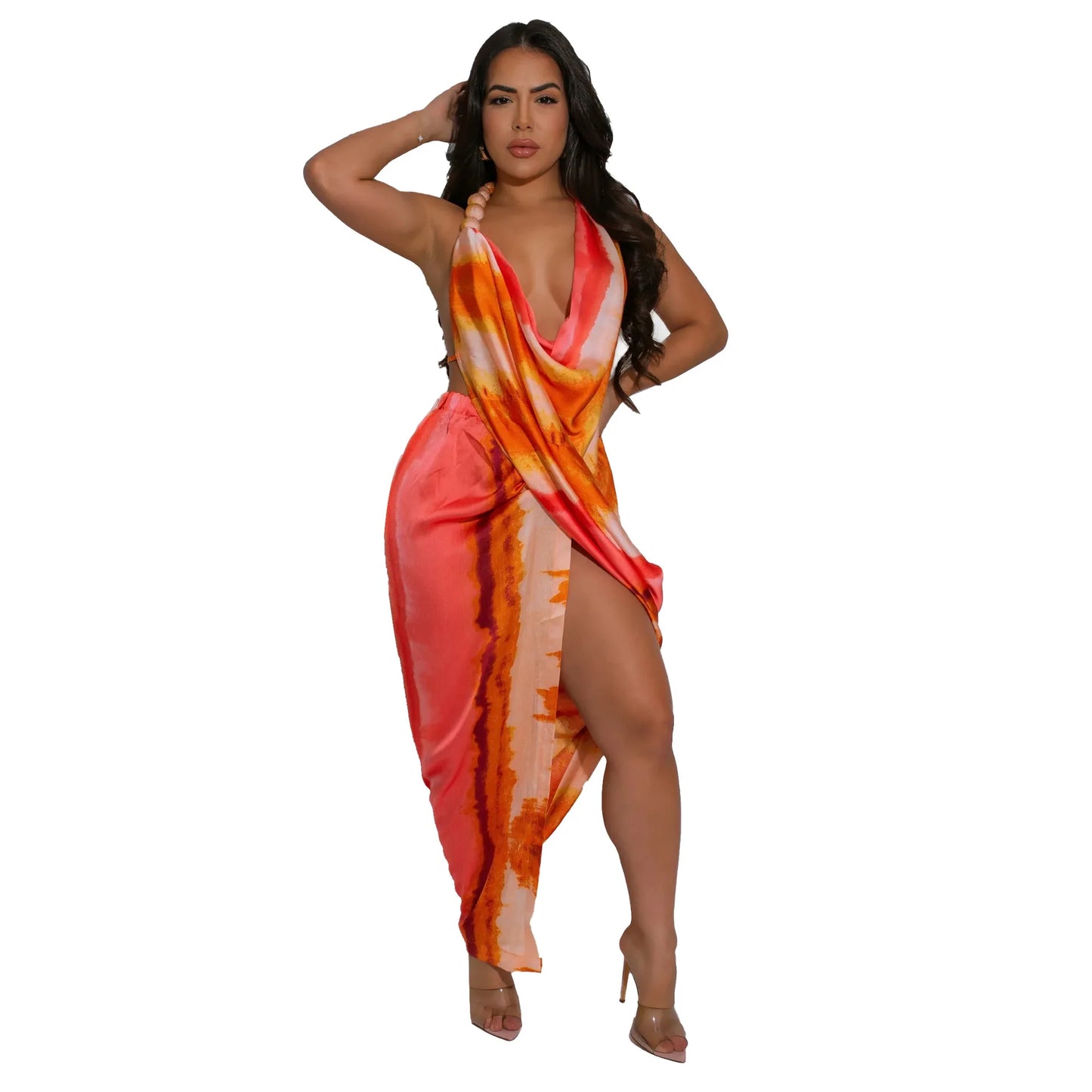 CM.YAYA Women Tie Dye Printed Sleeveless Halter Neck High Side Split Maxi Dress Summer Evening Sexy Night Party Dresses Vestidos