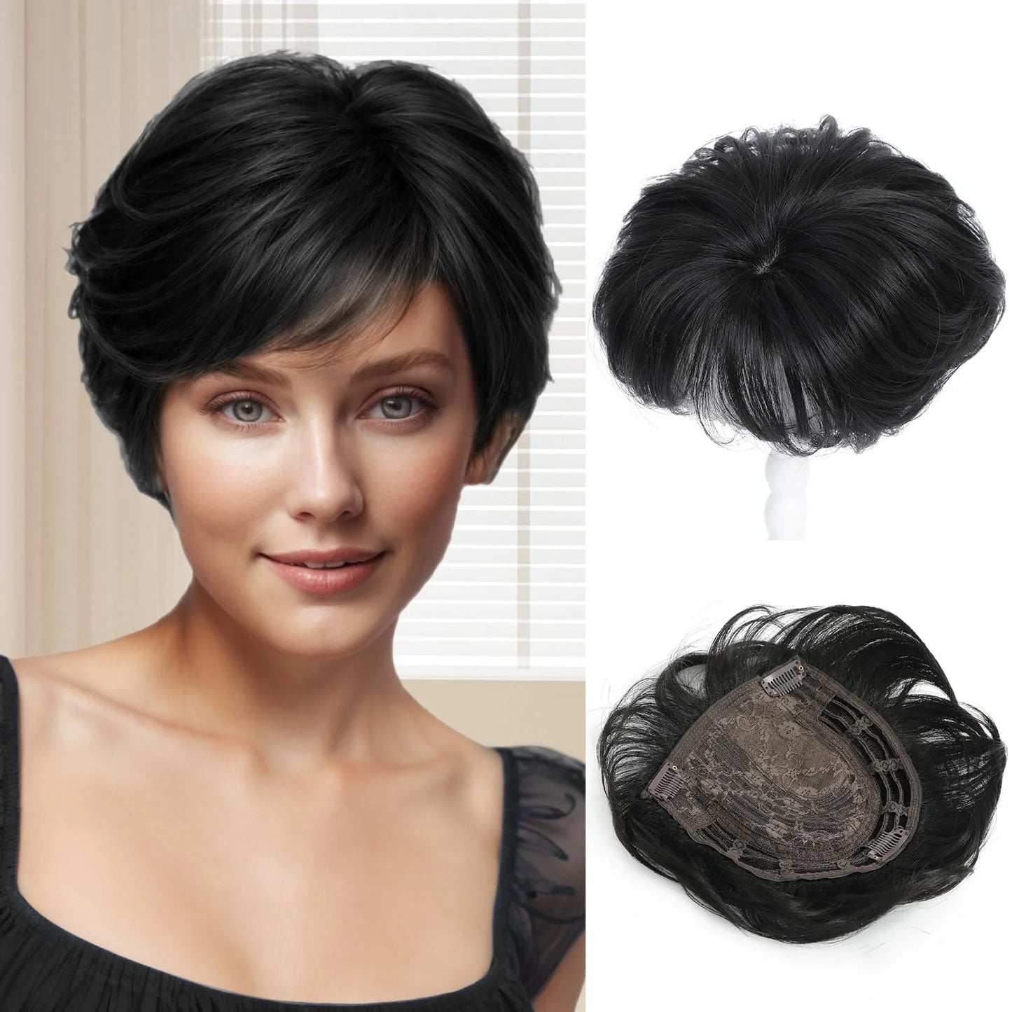 Pixie Cut Hair Toppers for Women 6.8" x 7" Short Hair Topper Fluffy Synthetic Hair Topper Clip in Top Wavy Replacement Wiglets