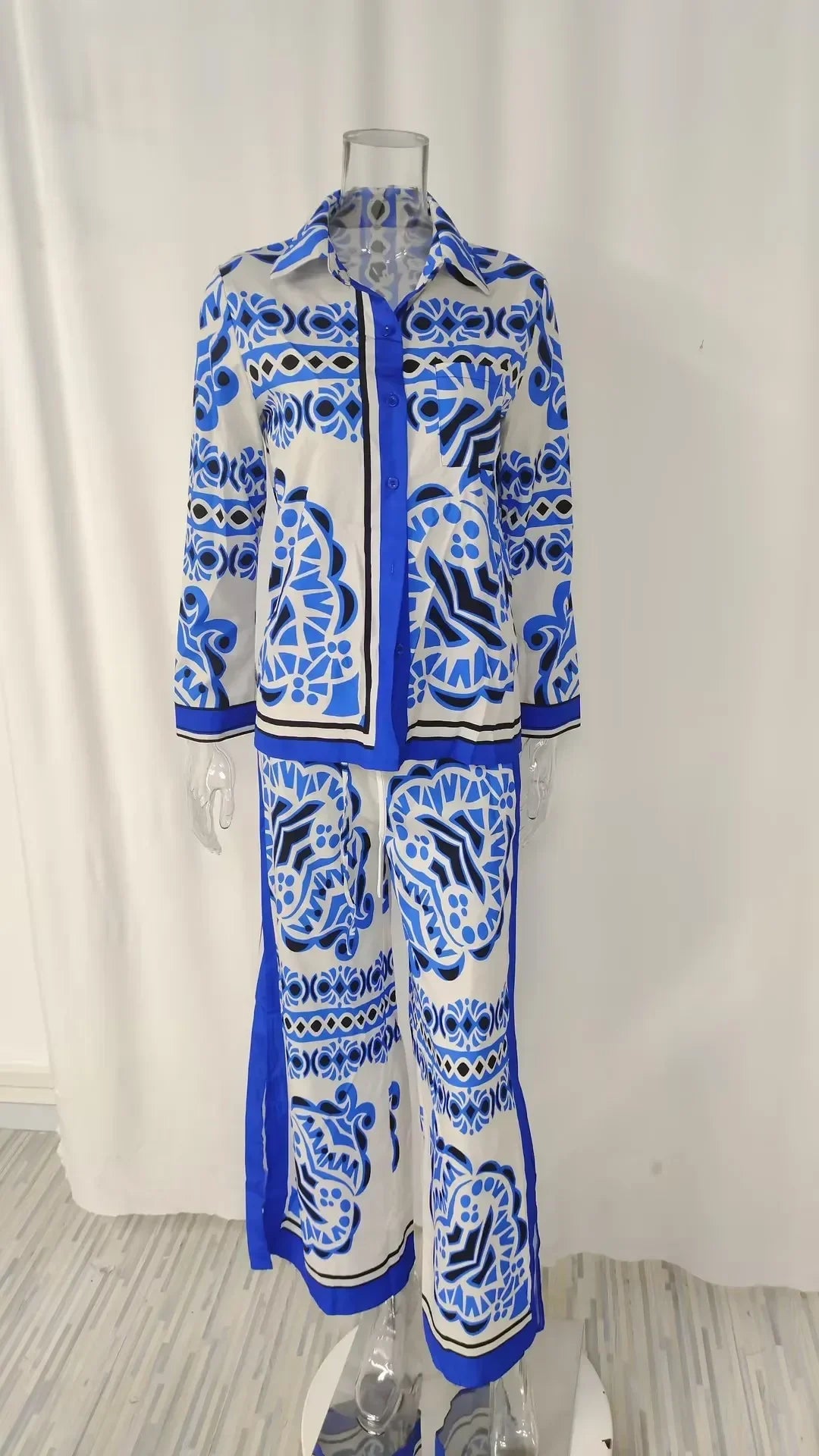 Long Sleeve Long Pant Sets Women Retro Lapel Single Breasted Blouses Trousers 2 Piece Set Printed Color-blocking Elastic Waist