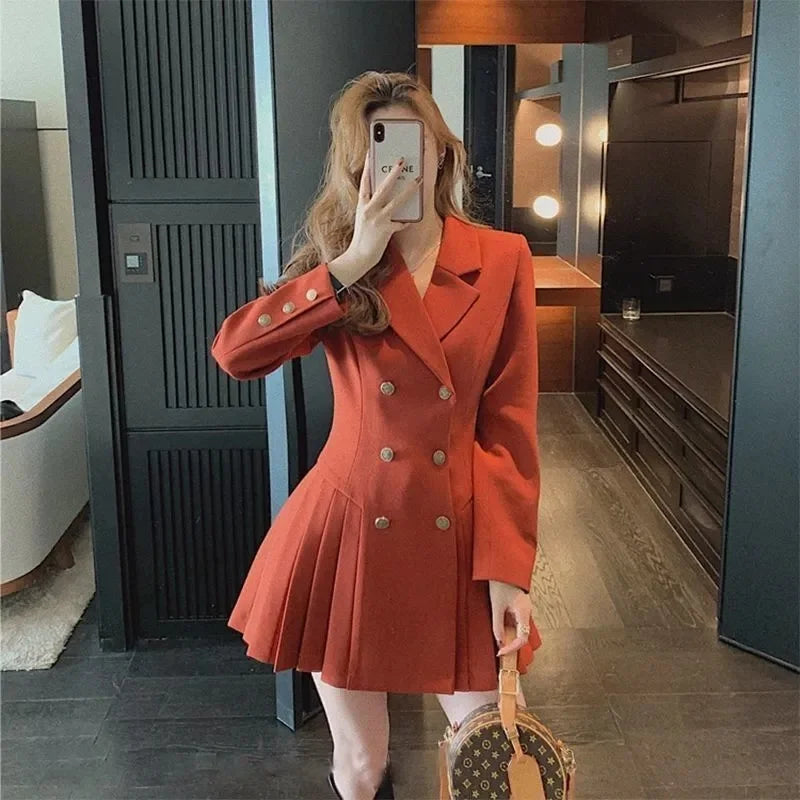 4XL Women's Fat mm Hepburn Double breasted Blazer Suit Dress Autumn and Winter Waist Shrinking Long Sleeve Pleated Dress Orange