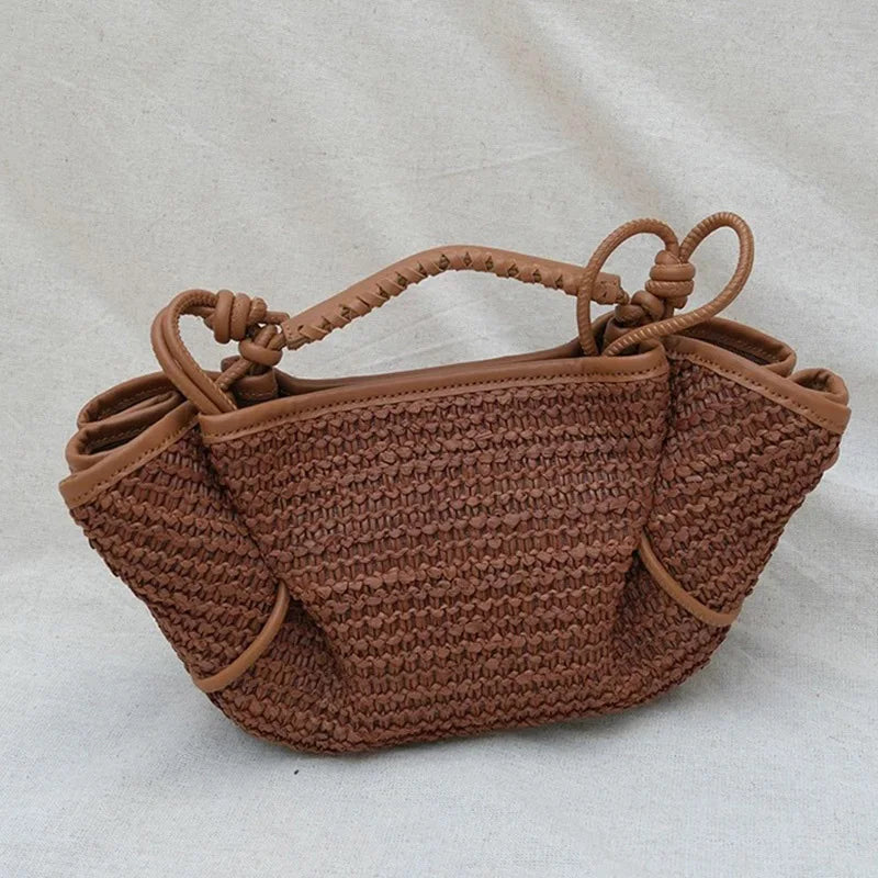 Luxury Brown Leather Braided Handbag Niche Exquisite Versatile Pleated Shoulder Bag Women's Fashion Brand Solid Color Bucket Bag