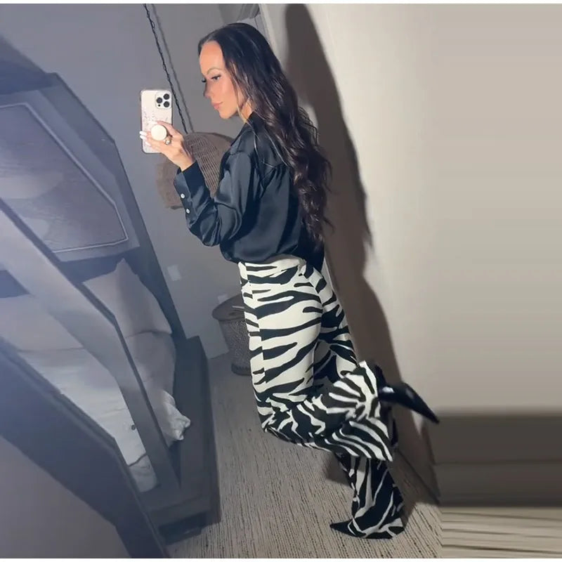 Zebra Print Wide Leg Women Pants High Waisted Stretch Fit 2025 Autumn Fashion Elegant Casual Bottoms Office Chic Lady Trousers