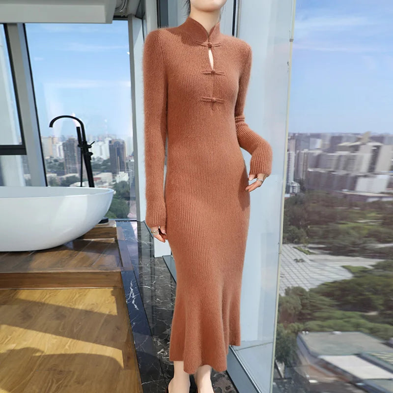 Stand Collar Ankle Length Fishtail Knit Dress for Women