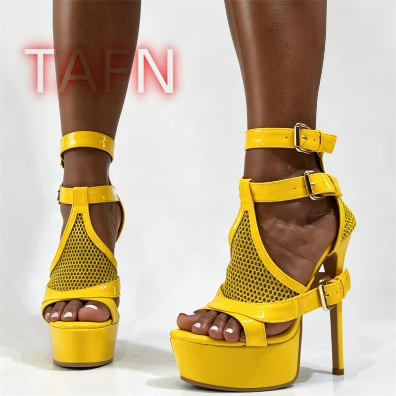 Mesh Buckle Strap Stiletto Platform Sandals for Women