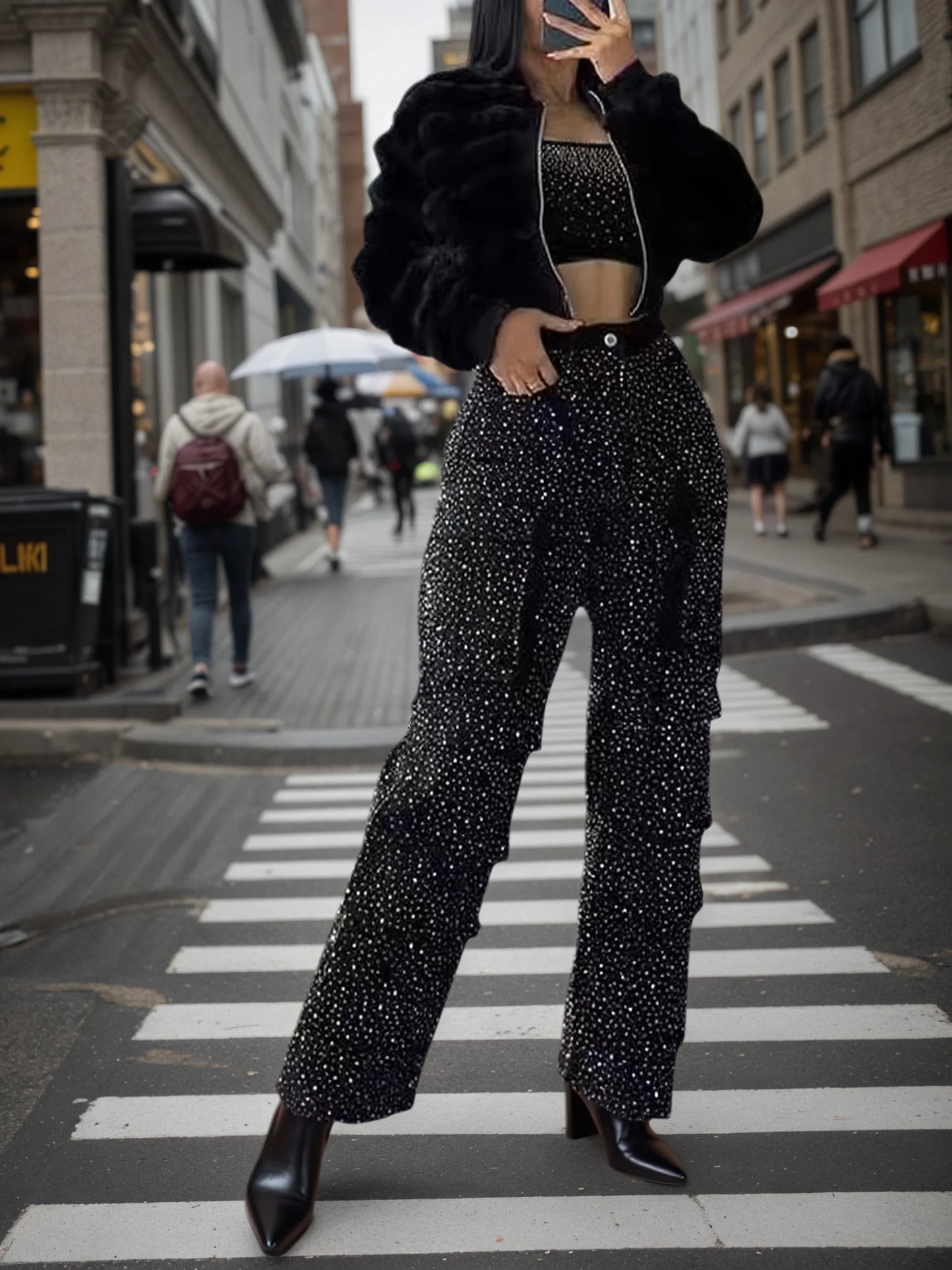 2025 New Women's Fashion Street Style Diamond Inlaid Work Jeans, Shiny Fashion Jeans, Functional Pockets, Women's Jeans