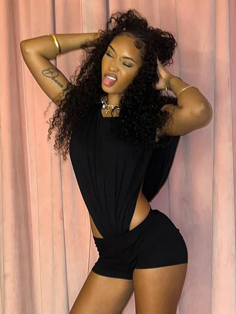 Weird Puss Sexy Women 2 Piece Set Coquette Sleeveless Side Split Bodysuit Tops+Shorts Stretch Midnight Matching Clubwear Suits