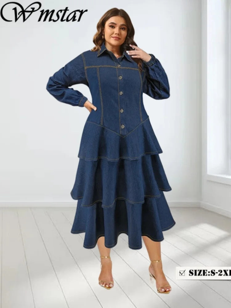 Wmstar Plus Size Denim Dresses for Women Button Solid Fashion Elegant Maxi Long Dress Fall Winter Clothes Wholesale Dropshipping