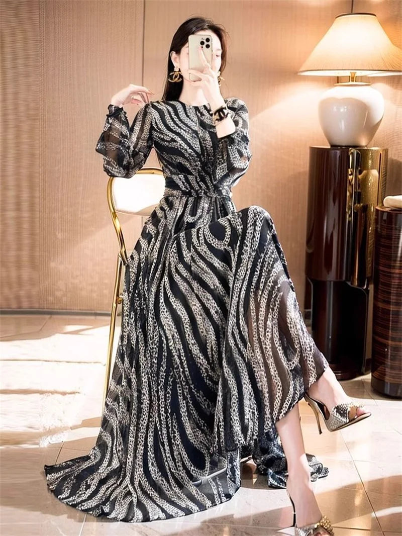 Fashionable Temperament Elegant Socialite Waist Cinching Big Swing Long Skirt Vnique Beautiful Mature Mature Queen Print Dress