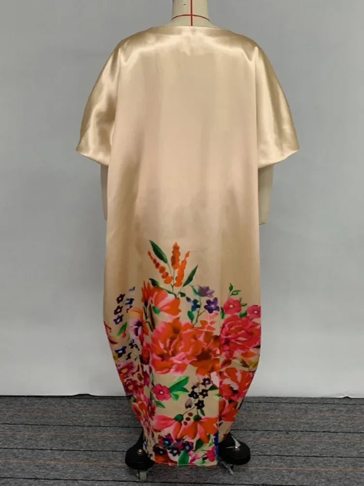 Beautyblue Plus Size Women's Clothing Robe De Soiree Femmes Elegant Floral Printed Boat Neck Puff Sleeves Oversized Maxi Dress