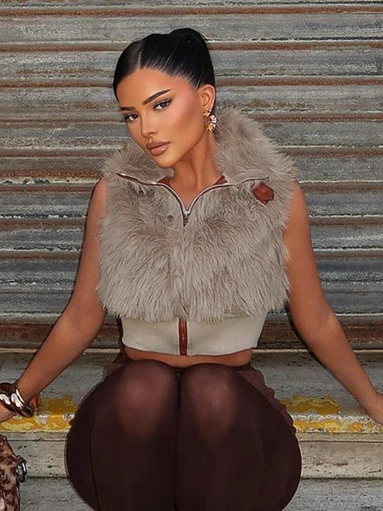 Weird Puss Sexy Furry Tank Tops Women Autumn Trend Patchwork Zip Metal Leather Buckle Slim Hottie Wild Street Clubwear Waistcoat