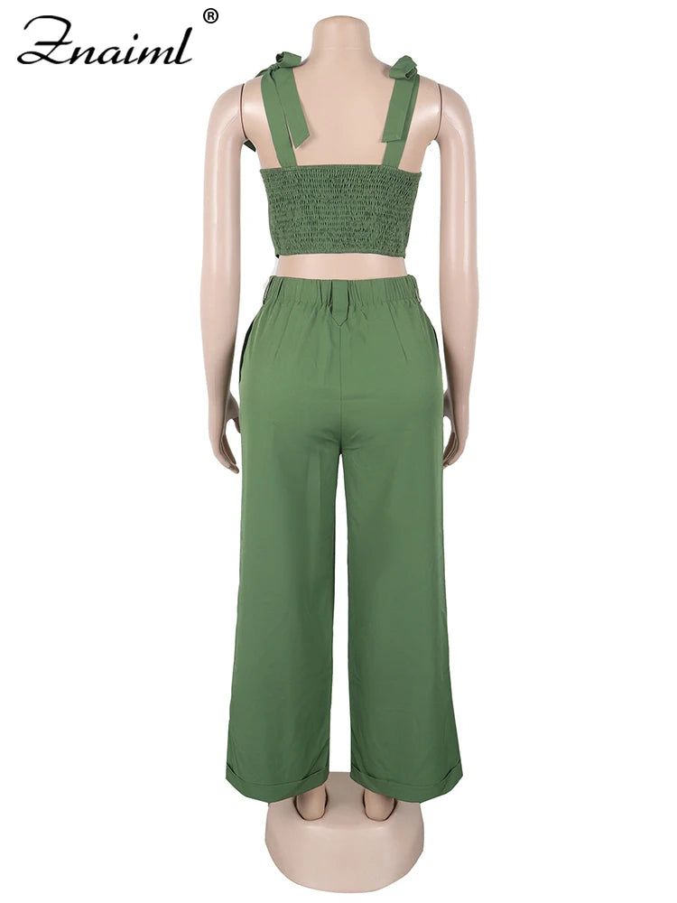 Znaiml Green Tie Shoulder Ruched Wide Strap Slim Fit Crop Top and Wide Leg Pant 2 Pieces Women Summer Streetwear Matching Sets