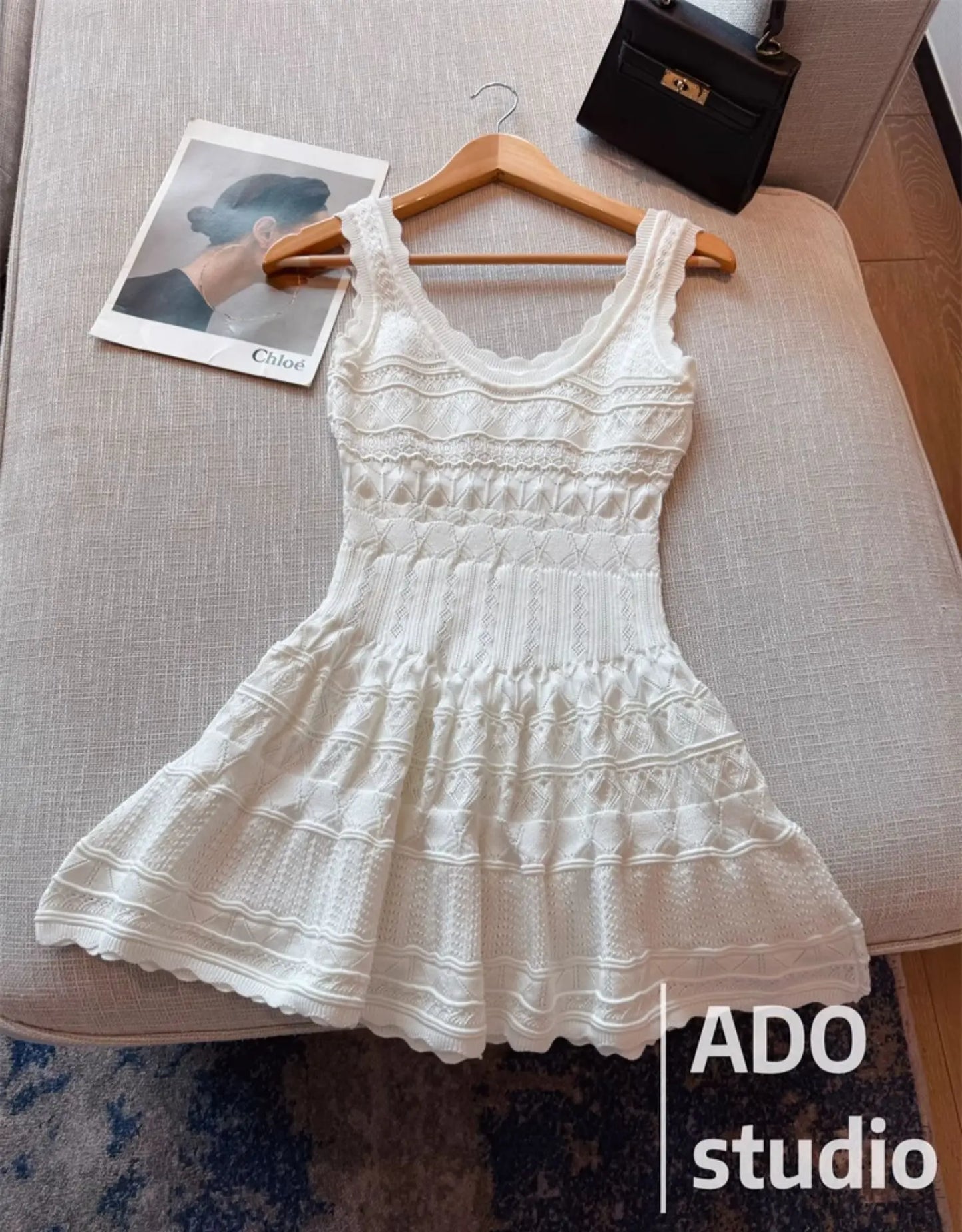 White Sweet A-line Ruffle Edge Knitted Vest Dress Women's Summer French Fashion Slim Temperament Sexy Girl Hollow Short Dress
