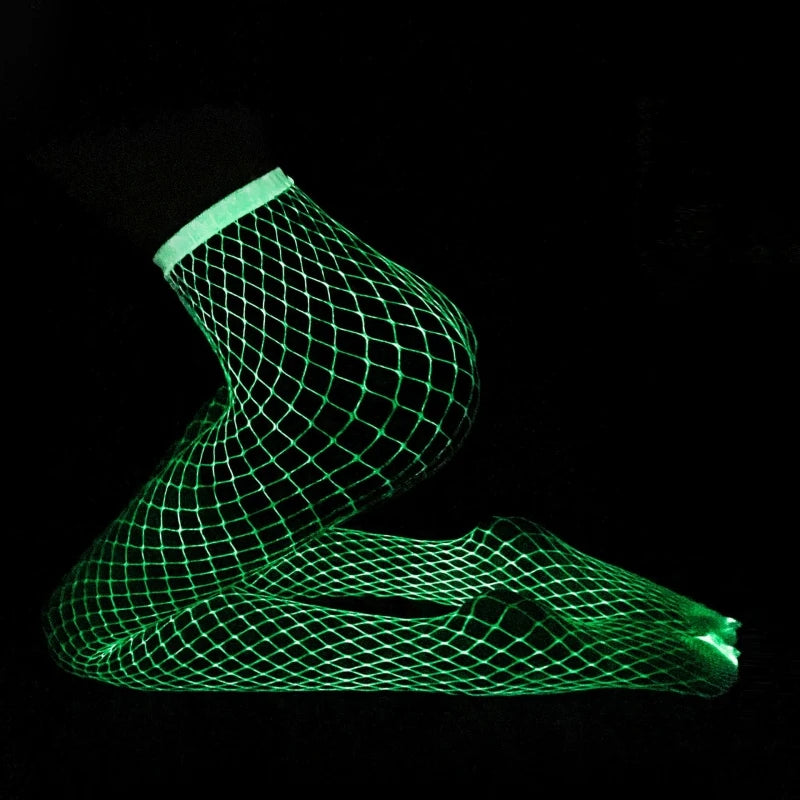 Woman Flash Luminous Fishnet Stockings Open Crotch Pantyhose Moving Mesh Leggings Tights Perspective Glow Dark Lingerie Gothic