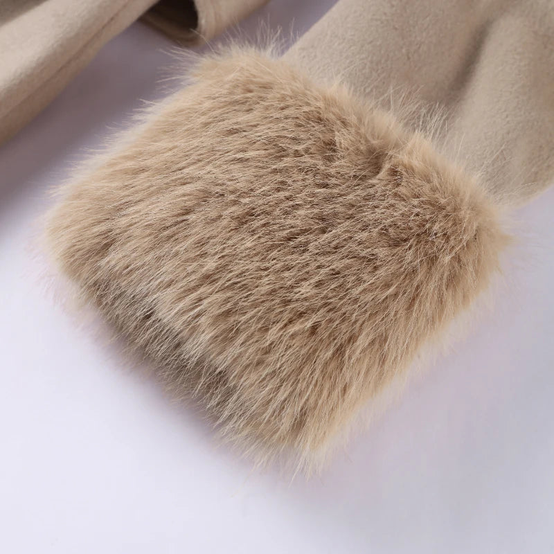 Plush Cuffs Belt Women 's Coats Elegant Lapel Faux Fur Sleeve Twist Open Coat Female 2025 Autumn Winter Fashion Lady Streetwears