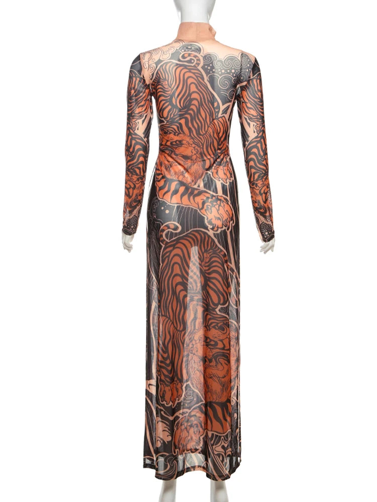 Weird Puss See Through T-Shirts Women Tiger Print Long Sleeve High Neck High Slits High Elastic Skinny Trend Street Hipster Tops