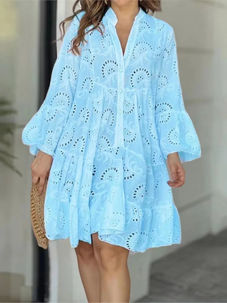 Summer Women Hollow Out Dresses Elegant Vintage Solid Lace V-neck Loose Embroidery Long Sleeve Mini Dresses
