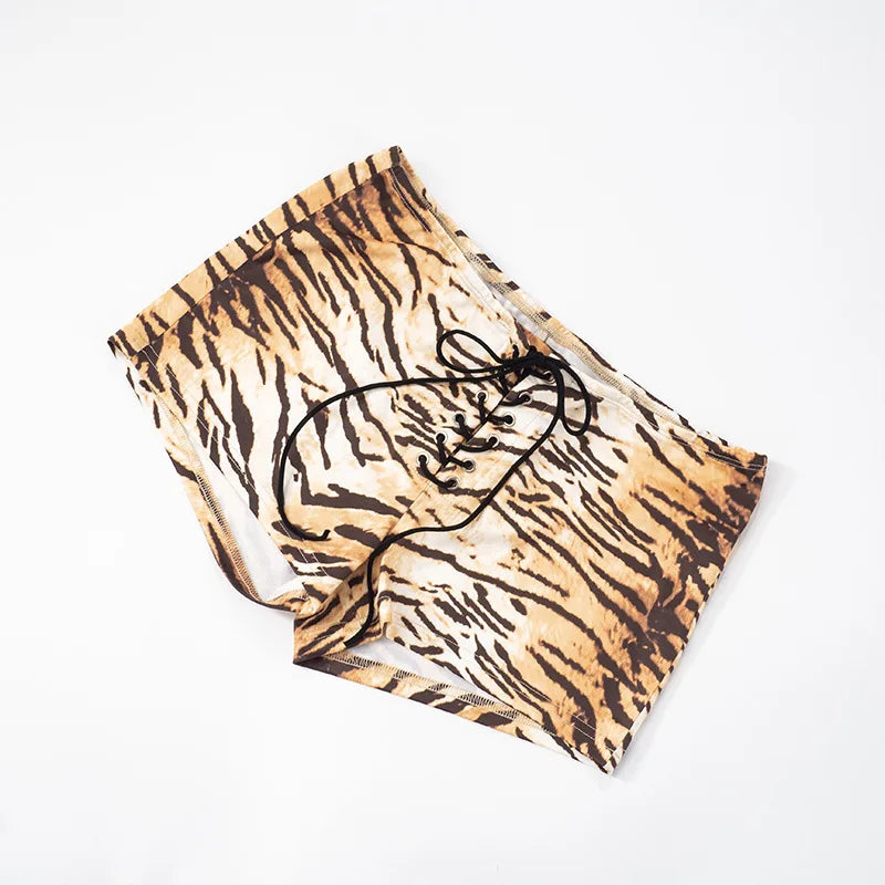 Joskaa Tiger Stripe Print Shorts Women Hipster Sexy Low Rise Bandage Hot Pants 2025 Summer Holiday Party Club Bottoms Streetwear