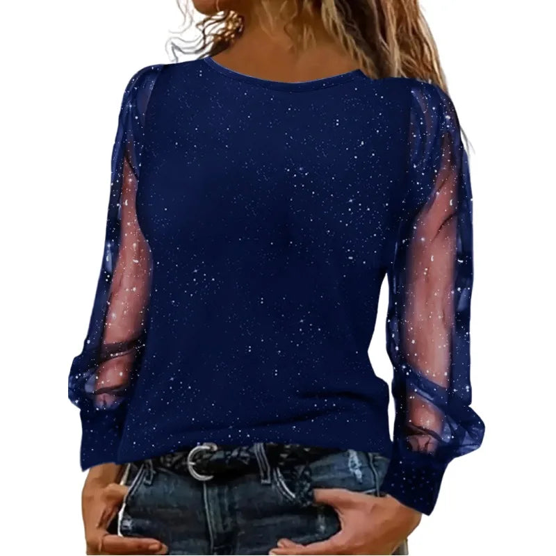 Fashion Blouse Women Glitter Puff Sleeve Sheer Mesh Print Elegant Long Sleeve Office Shirt 2025 Blouses Spring Ladies Casual Top