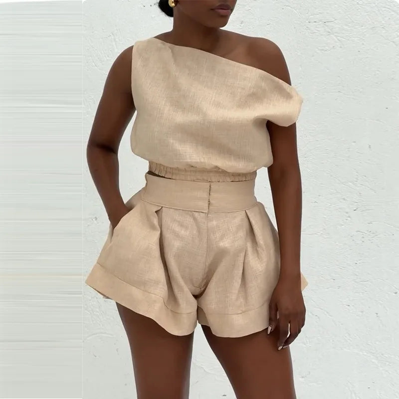 Joskaa Casual 2 Piece Sets Women Off Shoulder Sleeveless Shirt Tops and High Waist Wide Leg Shorts Matching 2025 Streetwear