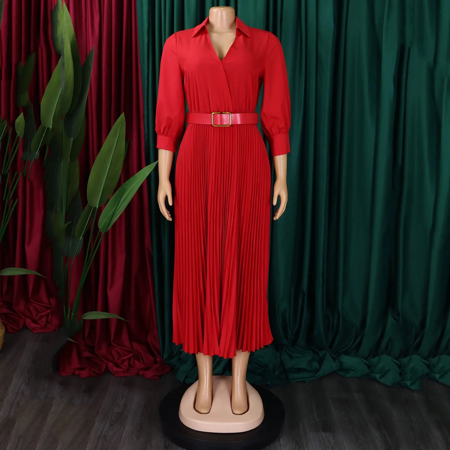 Elegant Office Dresses for Women Pleated Deep V Neck Full Sleeve Belt Waisted Ankle Length African Business Work Wear Dress New