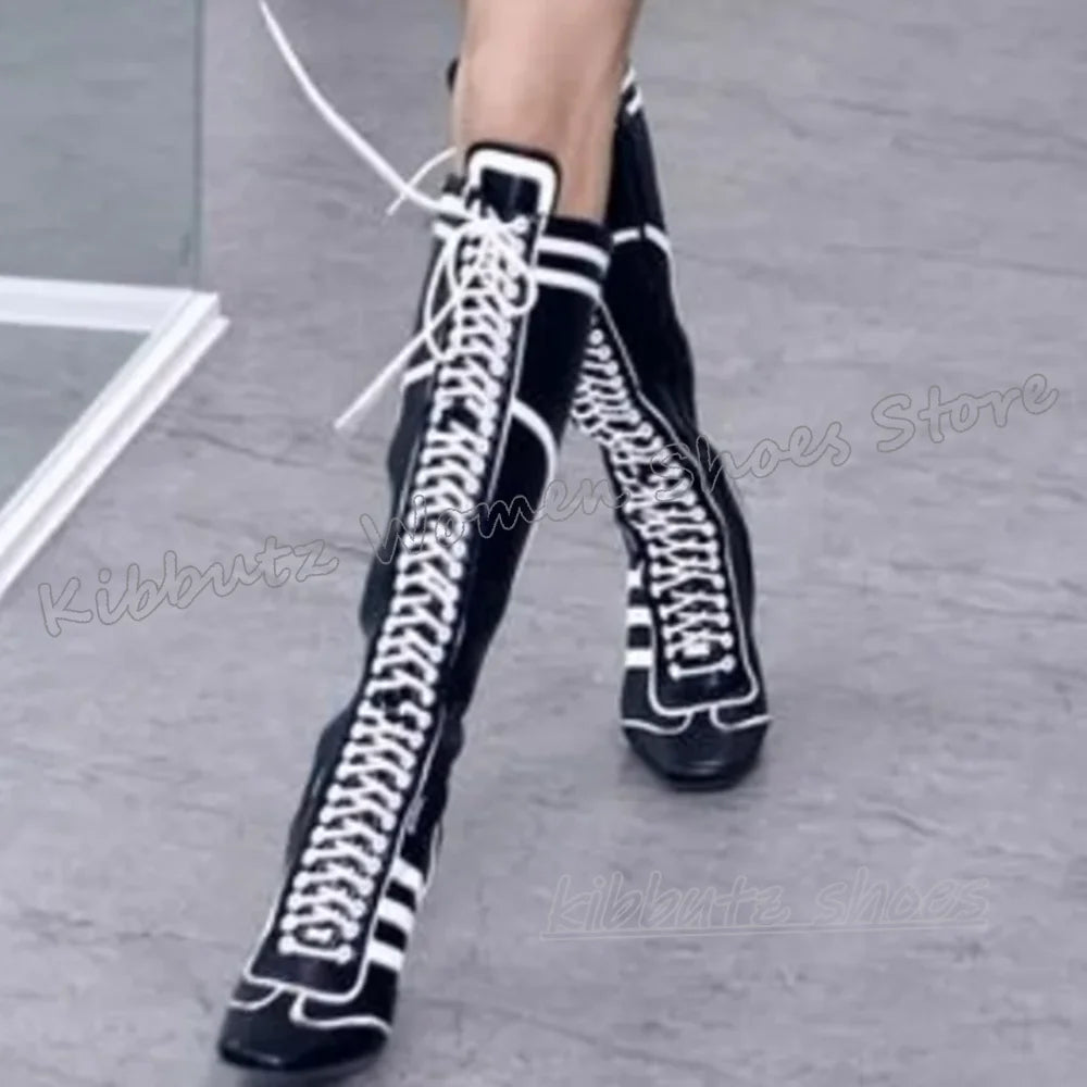 Sewing Knee High Boots Leather Lace-Up Patchwork Square Toe Kitten Heels Fashion Luxury Elegant Concise Sexy Women Shoes Newest