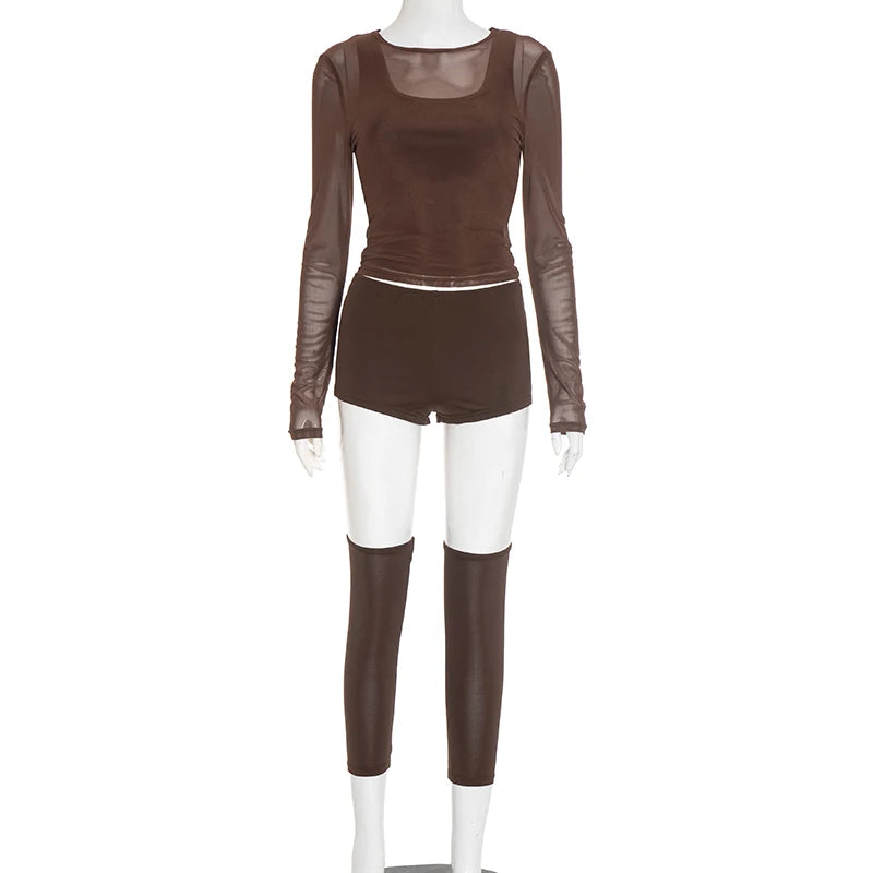 Weird Puss Sexy Casual 3 Piece Set Mesh Full Sleeve o-Neck Crop Tops+Shorts+Foot Cover Matching Autumn Trend Streetwear Outfits