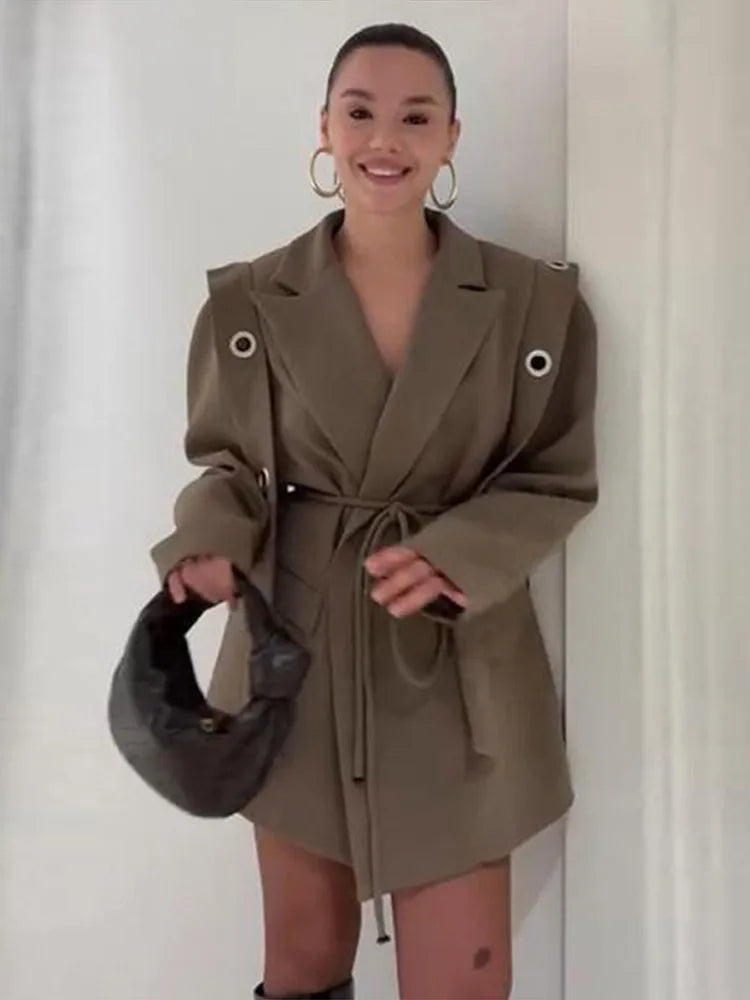 Vintage Tie Up Women 's Coats Elegant Laple Full Sleeve Pockets Hollow Out Blazer Female 2025 Autumn Winter Fashion Streetwears